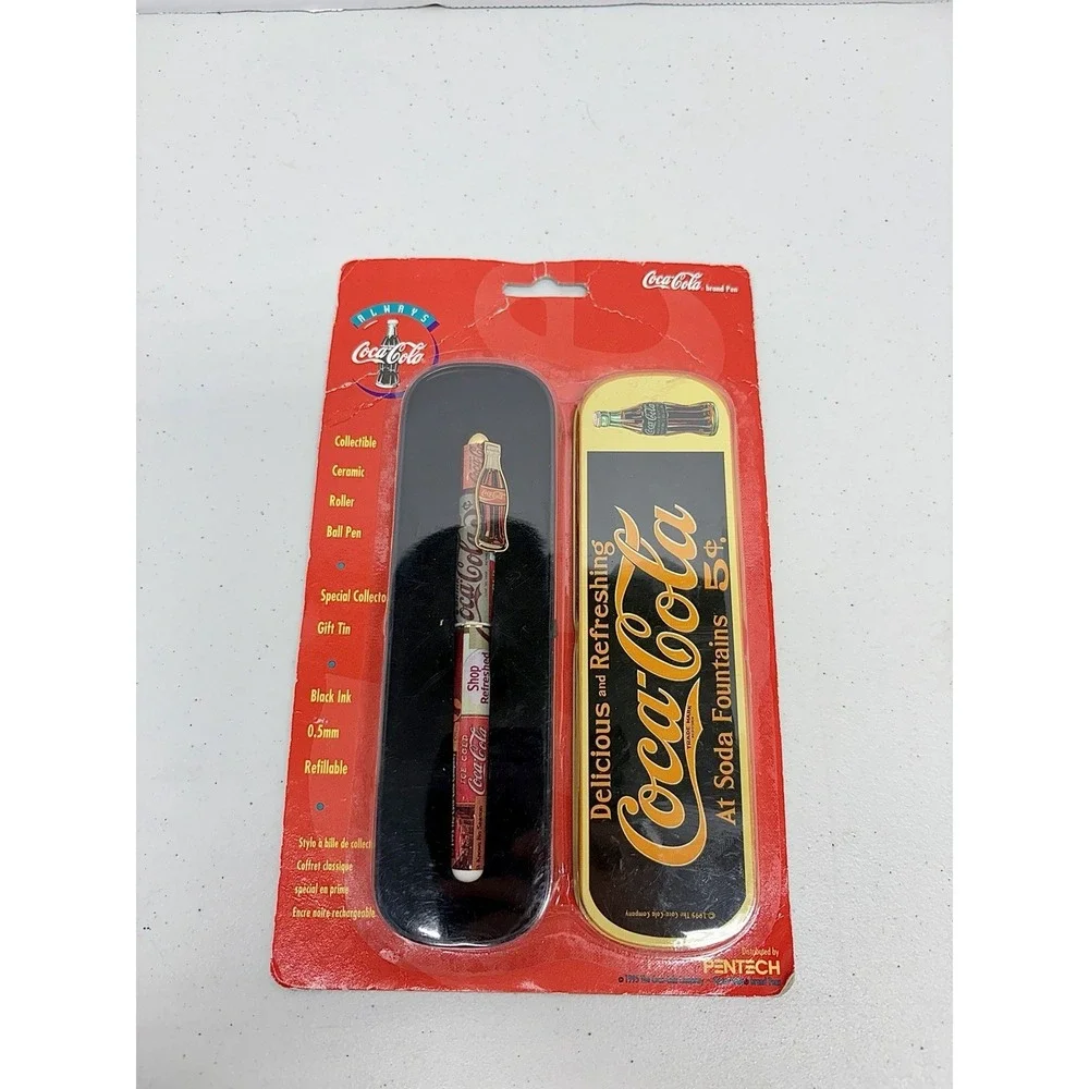 Vintage 90s Coca Cola Gift Black & Yellow Tin Case & Pen 1995